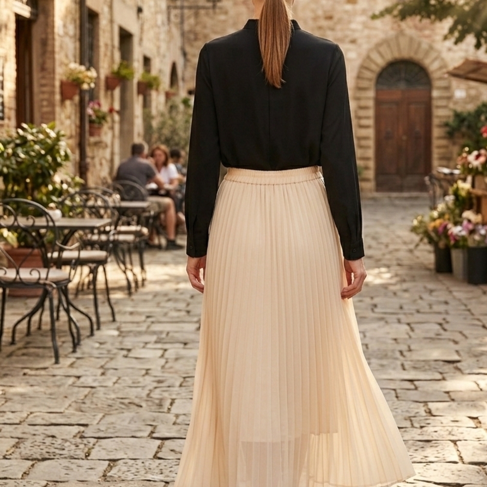 Miracle Cream Pleated Maxi Skirt - Size S/M - Elastic Waist Like New - Picture 8 of 15